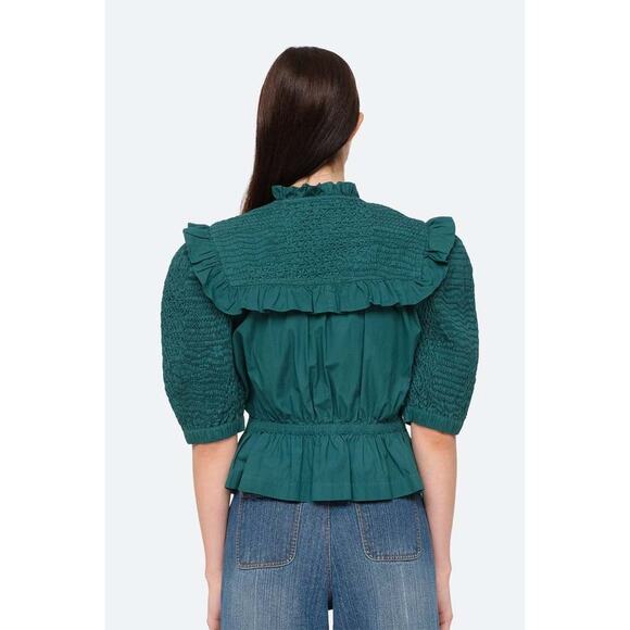 Sea New York Casey‎ Top Smocked Tie Front Puff Sleeves Ruffle Women's XXS Green - Picture 11 of 16